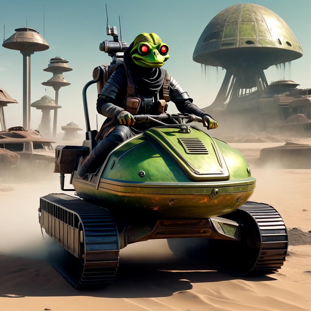 Post-Apocalyptic Alien Bounty Hunter on Hovercraft