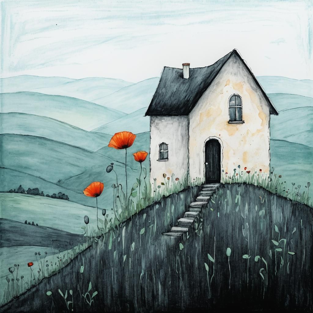 Whimsical House on Hill with Poppies