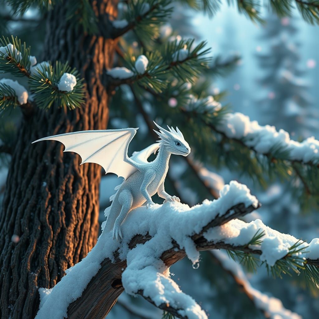 Ethereal Winter Dragon Perched on Pine Tree