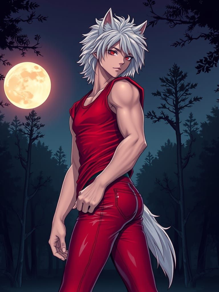 Androgynous Anime Dog Boy Under Full Moon
