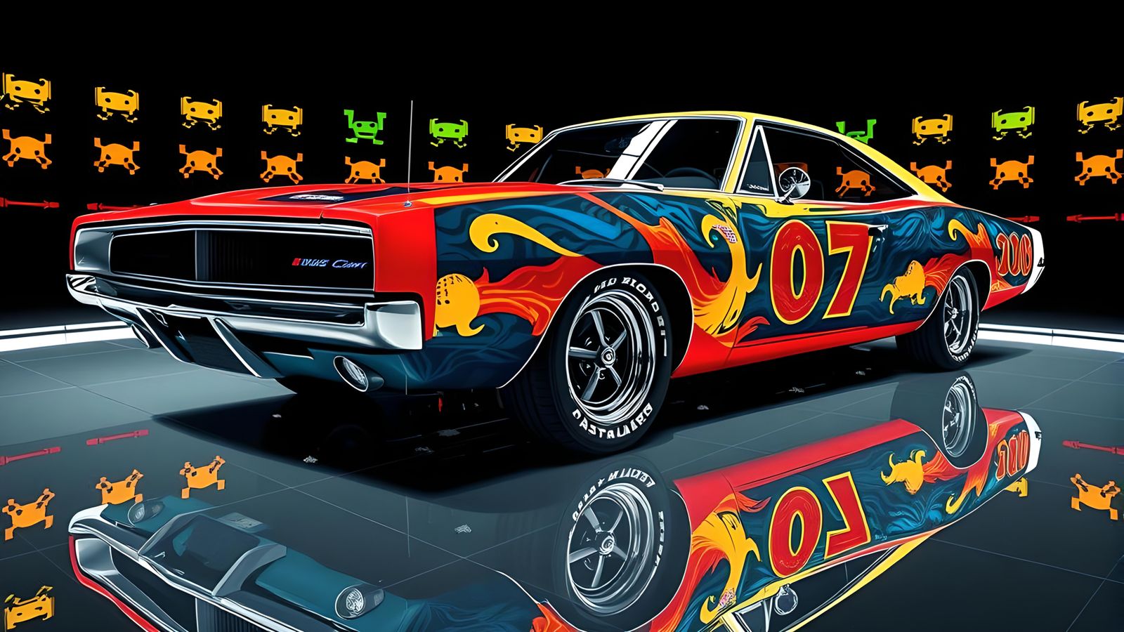 Retro Space Invaders Dodge Charger in Pop Art Style
