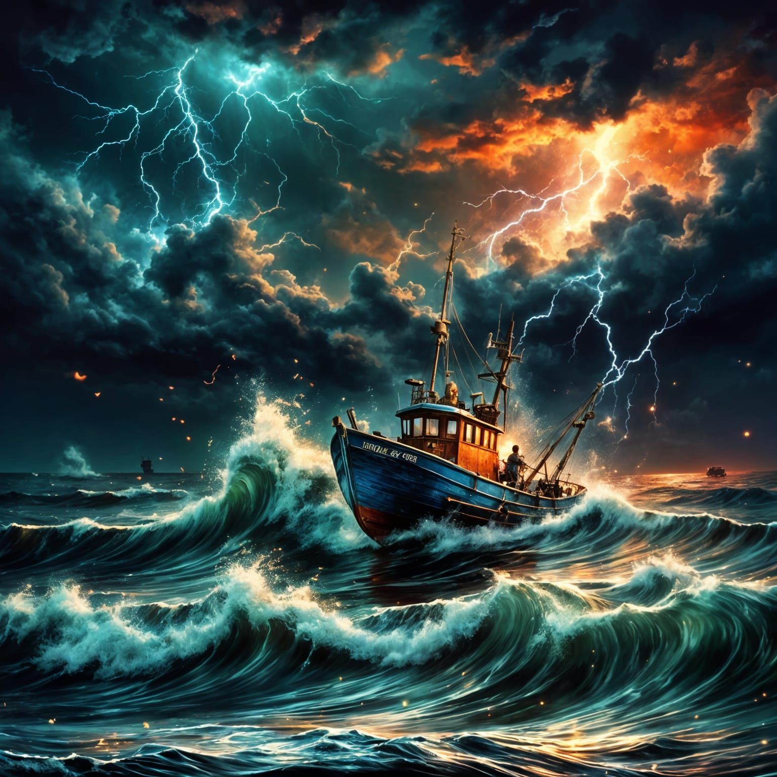 Stormy Sea Fishing Boat in Mixed Media Style