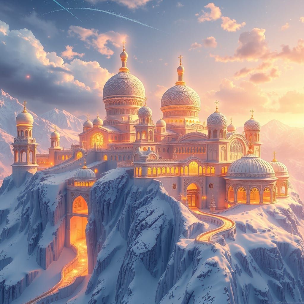 Ethereal City on Snowy Mountain, Radiant with Golden Lights