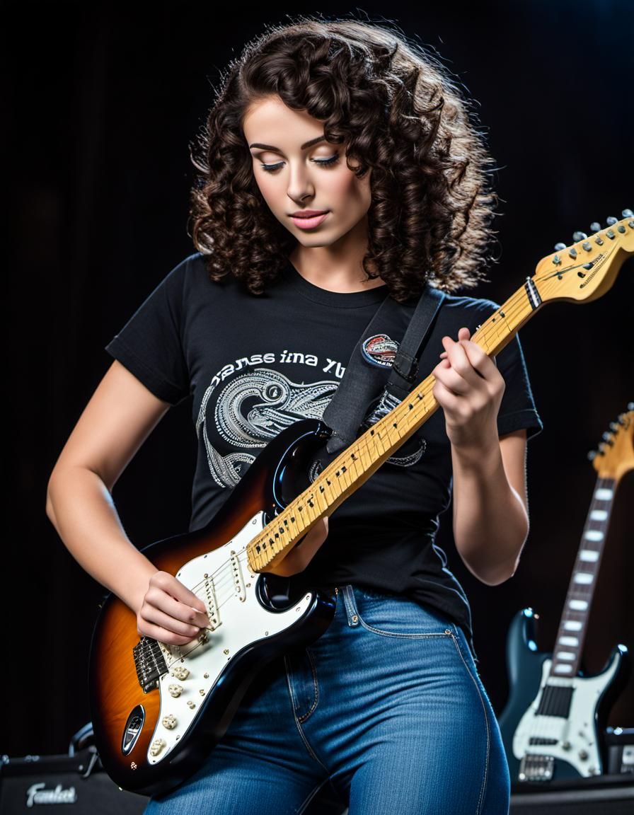 Young Woman Playing Guitar on Stage, Hyperrealistic Photogra...