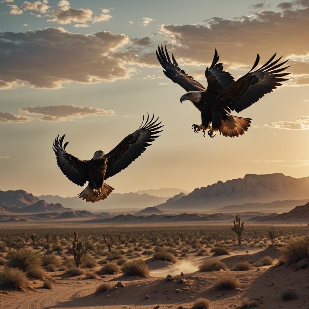 King Rides Eagle Over Desert at Sunset