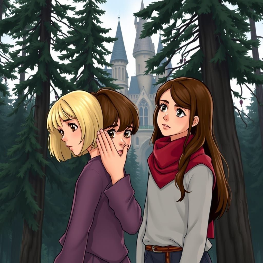 Harry Potter Whispering to a Blond Girl at Hogwarts