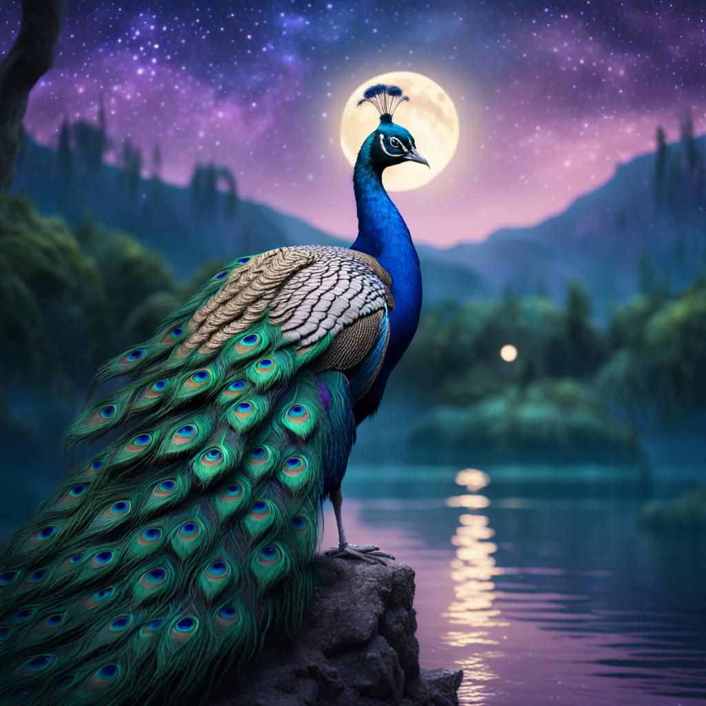 Pfau Illuminated by Moonlight in a Maximalist Digital Painti...