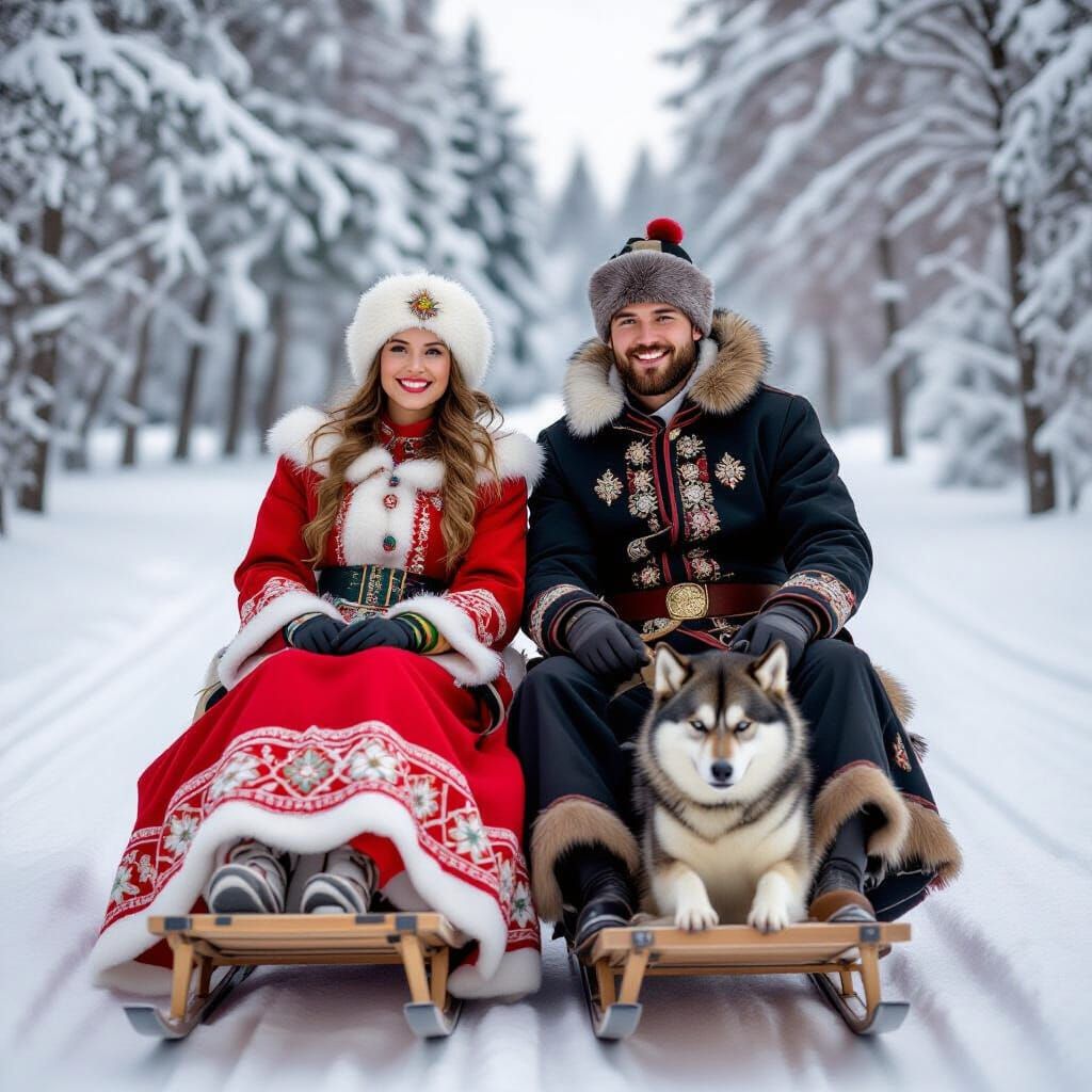 Russian Couple in Traditional Dress on Sleds