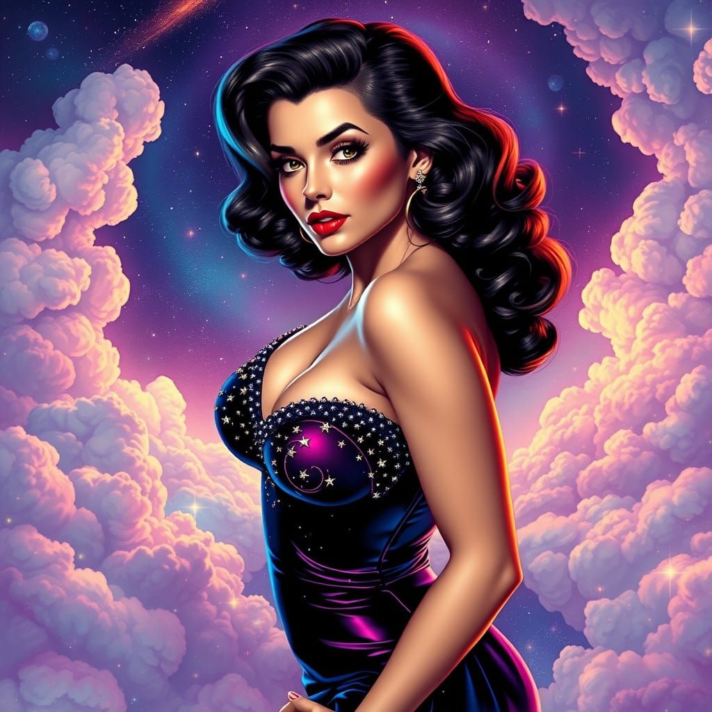 Sultry Pin-Up Goddess in Cosmic Dreamscape
