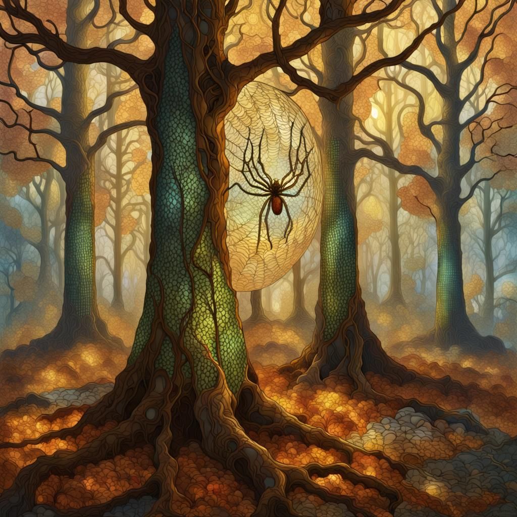 Stained Glass Autumn Valley with Spiders