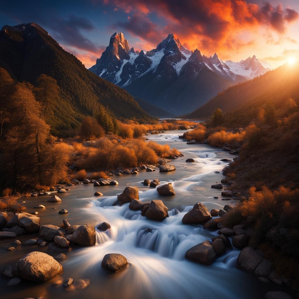 Surreal Mountain Landscape at Sunset in Dreamy Realism