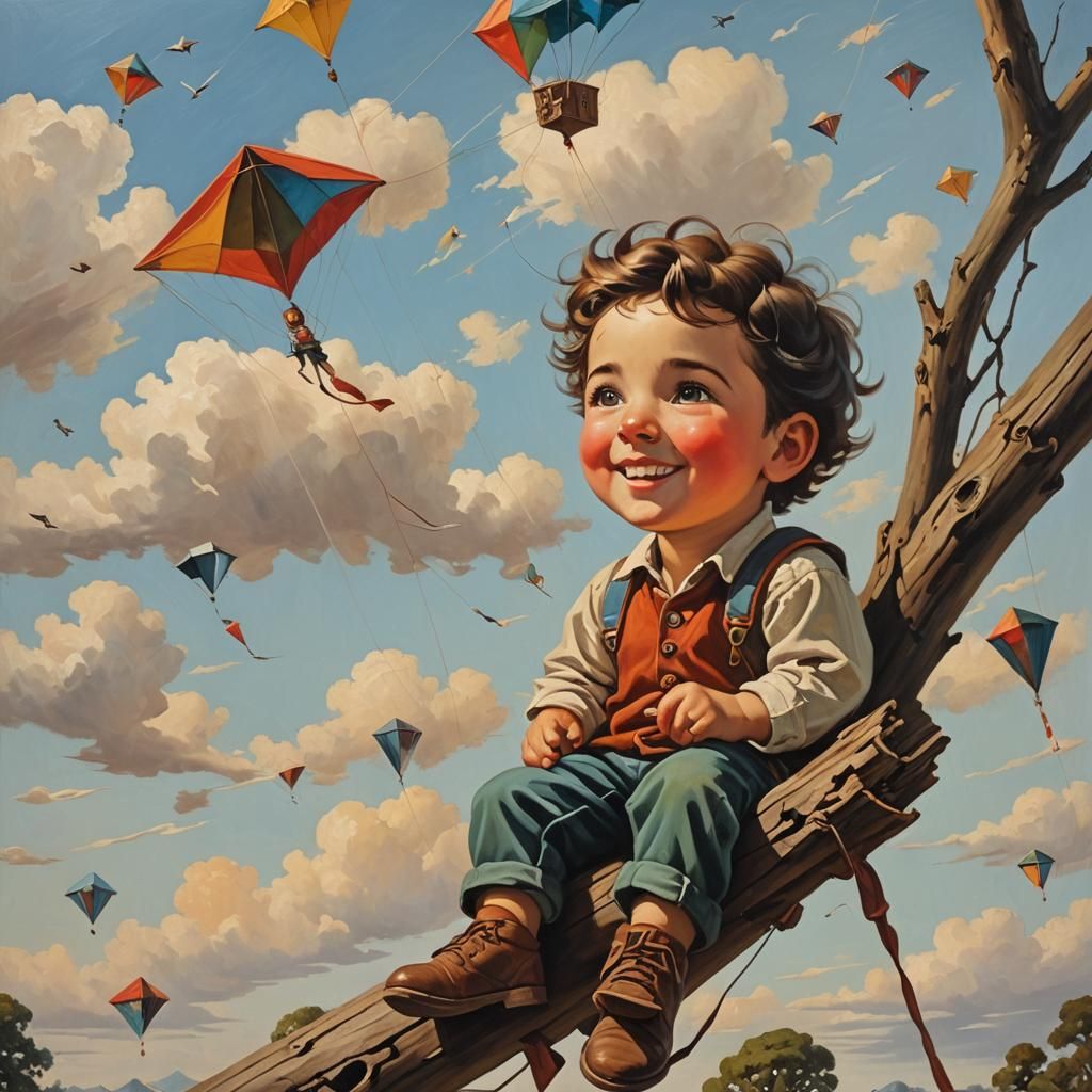 Surrealist Boy and Kites Oil Painting