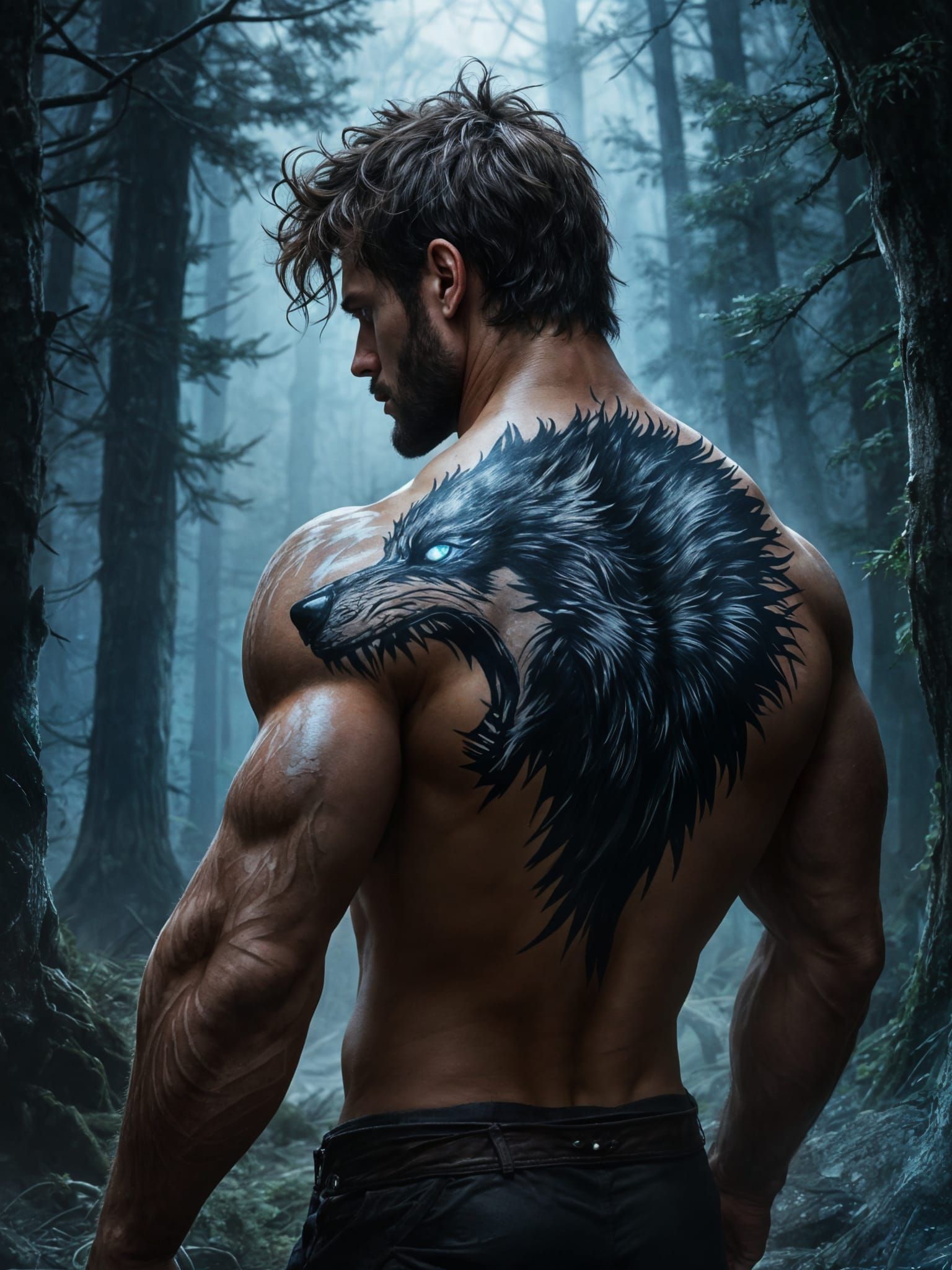 Wolf Tattooed Man in Misty Forest