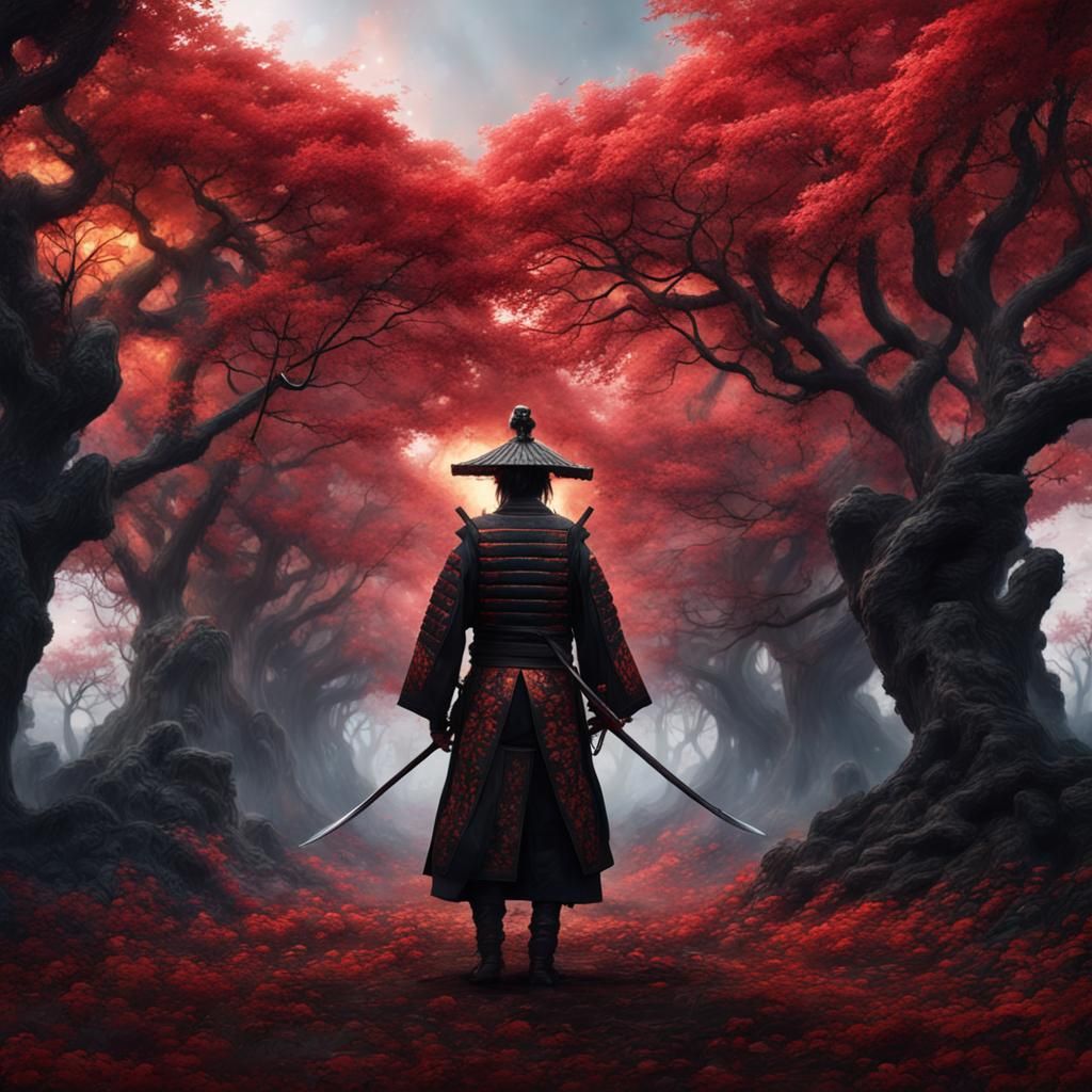 Wounded Samurai Cleans Face Near Cherry Trees