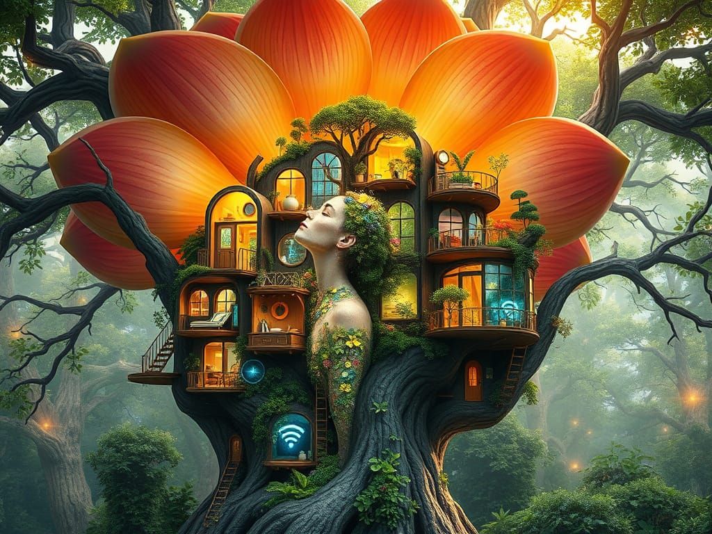 Dreamlike Treehouse Blooms with Whimsical Village