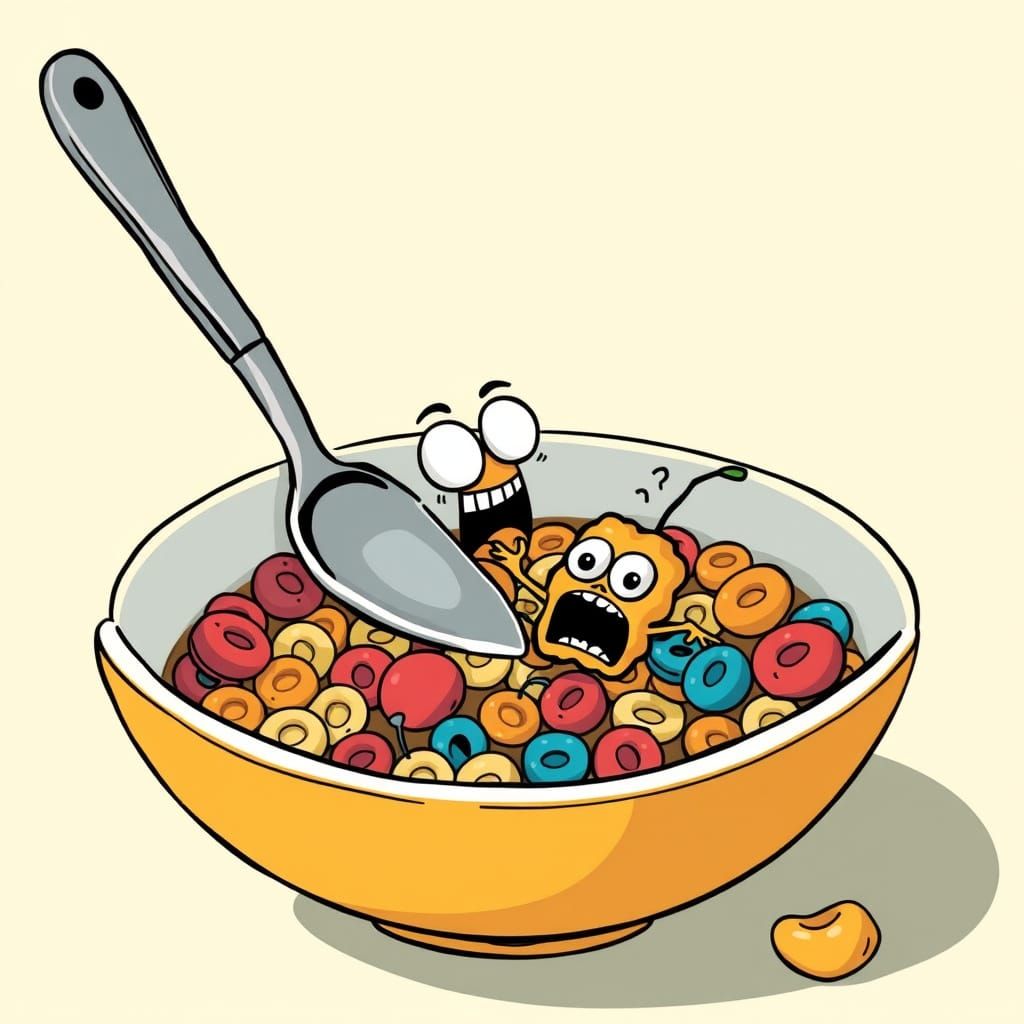 Whimsical Cereal Bowl Scene with Mischievous Spoon