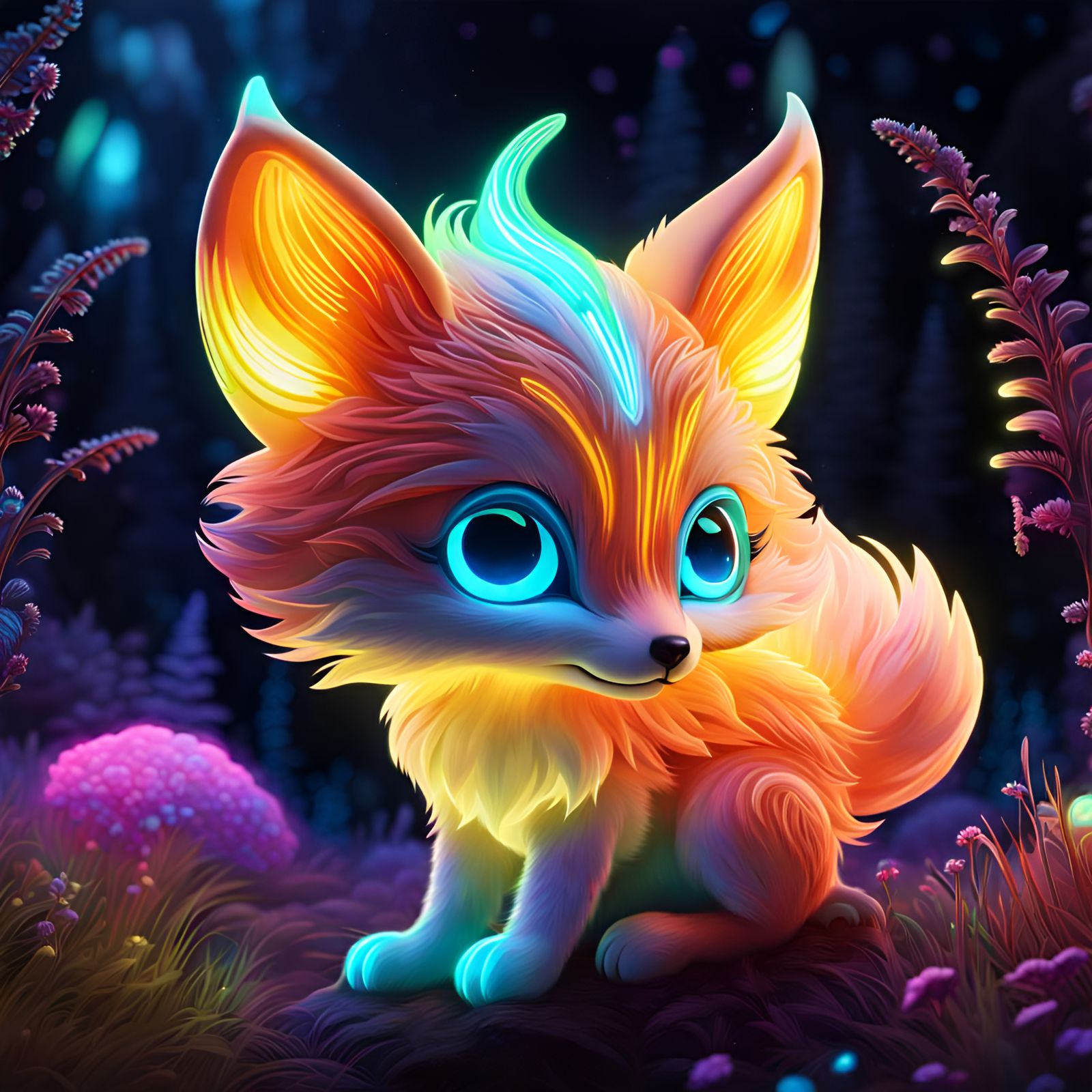 Adorable Bioluminescent Alien Fox Pup in 8k