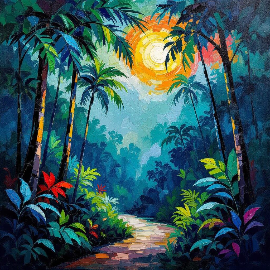 Lush Jungle Alive at Night in Neo-Impressionist Style
