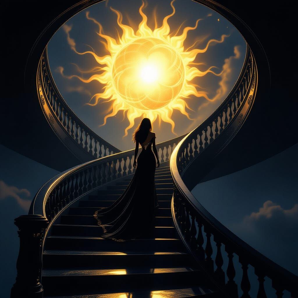 Woman Ascends Celestial Staircase in Dark Fantasy Style