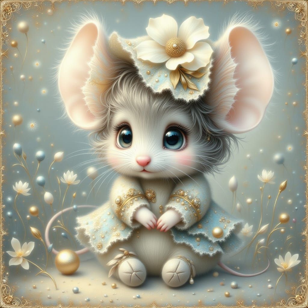 Whimsical Mouse Girl Portrait in Vintage Painterly Style