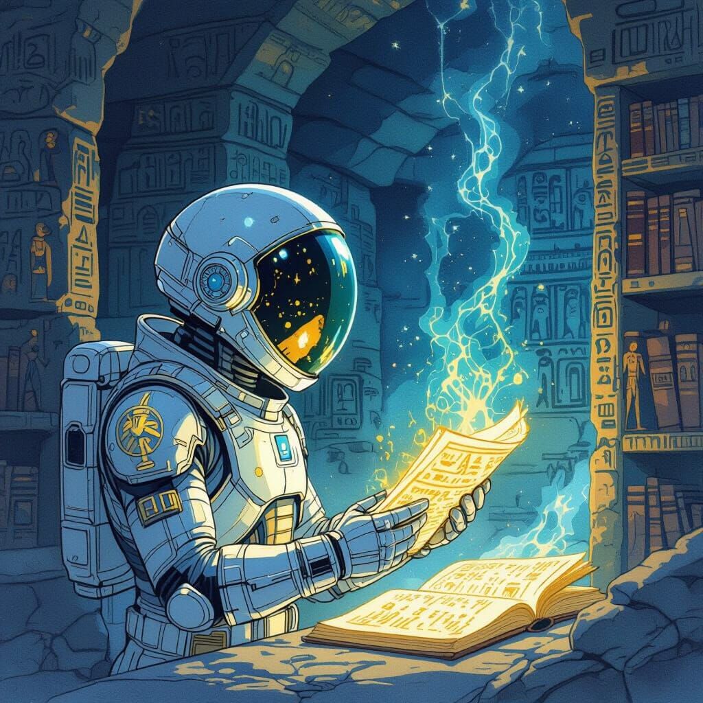 Ancient Astronaut Finds Glowing Library in Vintage Style