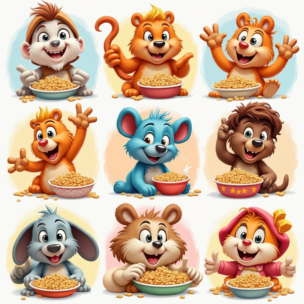 Cereal Mascot Character Collage Illustration