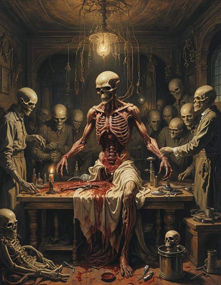 Macabre Alien Autopsy in Gustave Doré Style