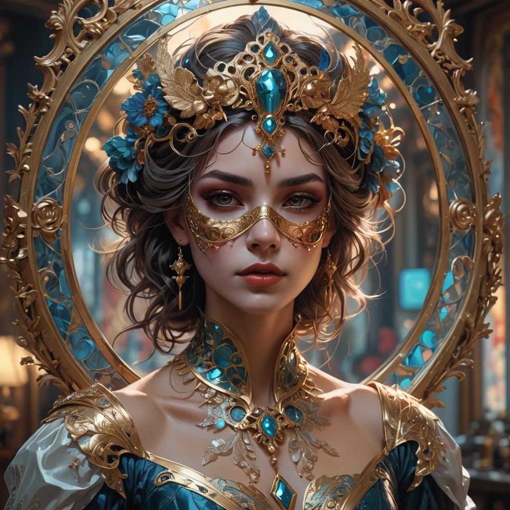 Masked Woman Mirror Reflection: Hyperdetailed Portrait