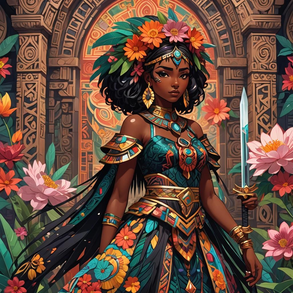Anime Girl in Mayan Temple with Obsidian Sword