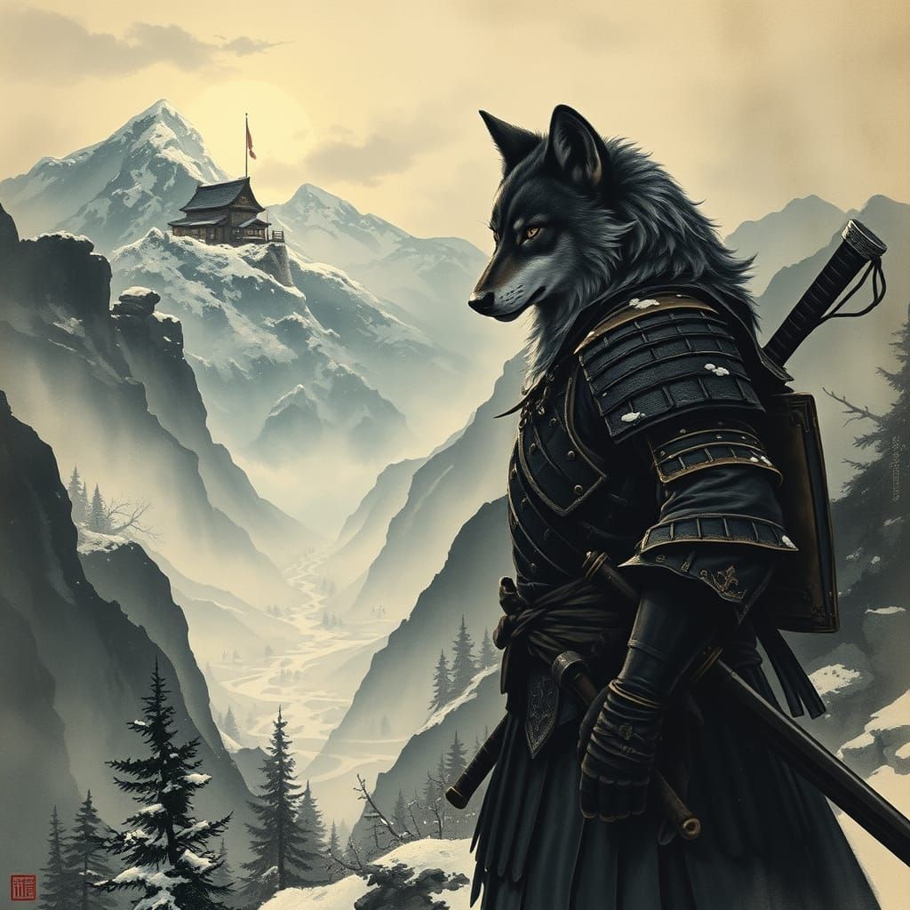 Samurai Wolf Guardian of the Mountain Pass