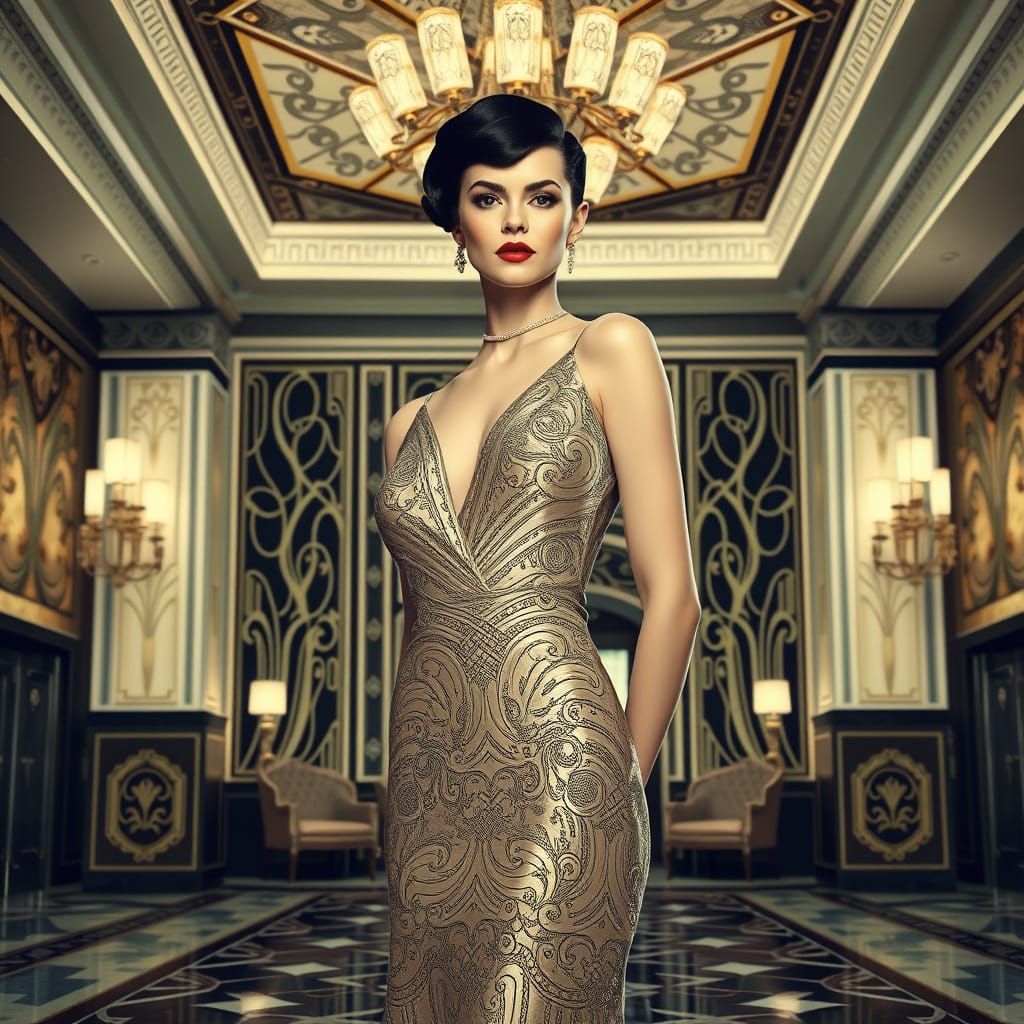 Powerful Woman in Art Deco Hall, Deco Surreal Style