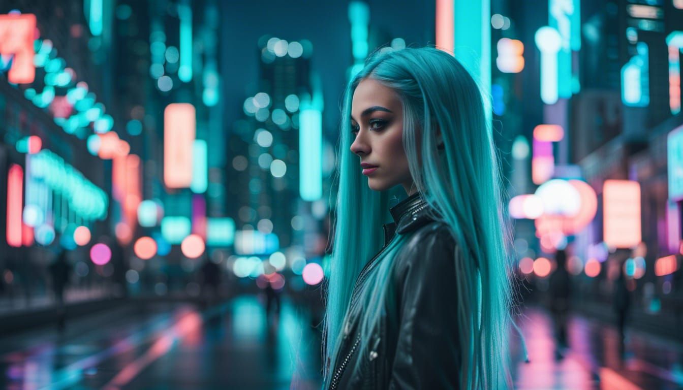 Cyan-Haired Artist in a Neon Futuristic City