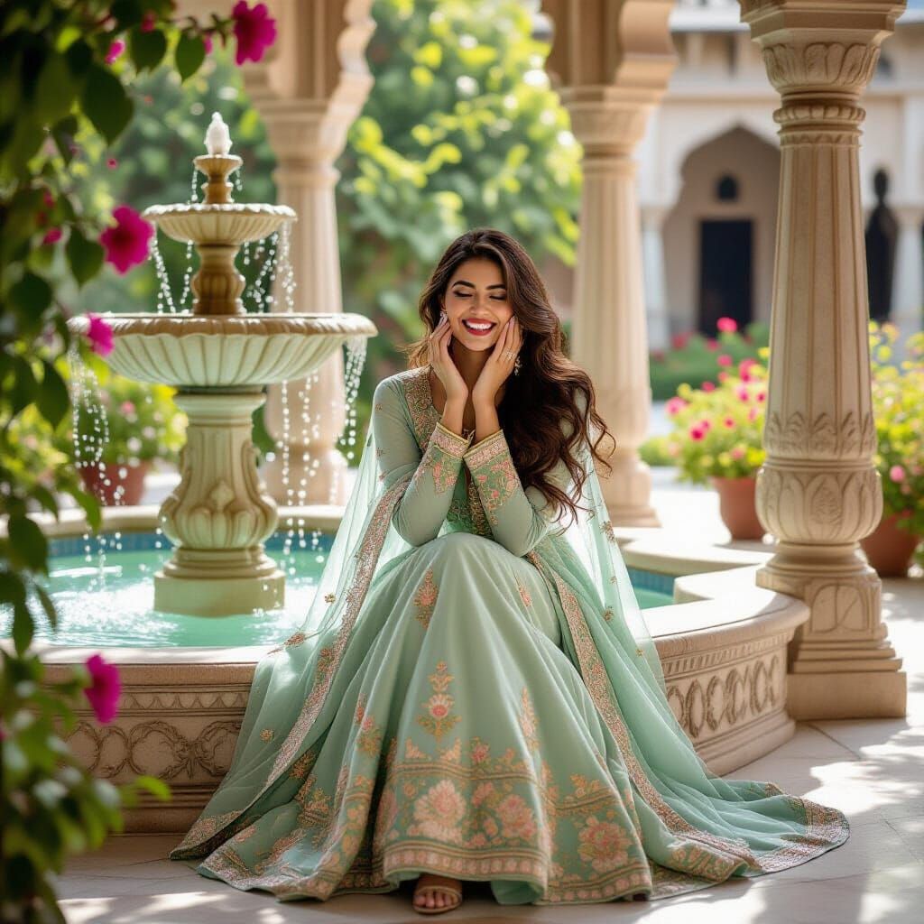 Shy Indian Model in Palace Courtyard, Photorealistic Style
