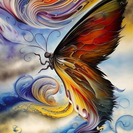 Swirling Butterfly Cloudscape in Detailed Gouache Style