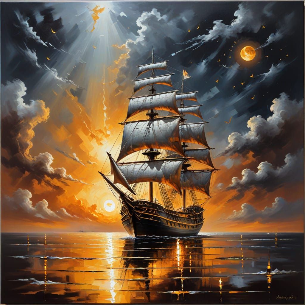 expressionism canvas painting, dark brown silver and gold with molten metal Sailing ship with special designed sails, co...