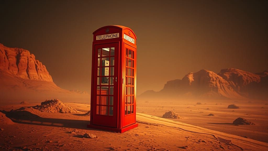 Red Telephone Booth on Mars in Cinematic Style