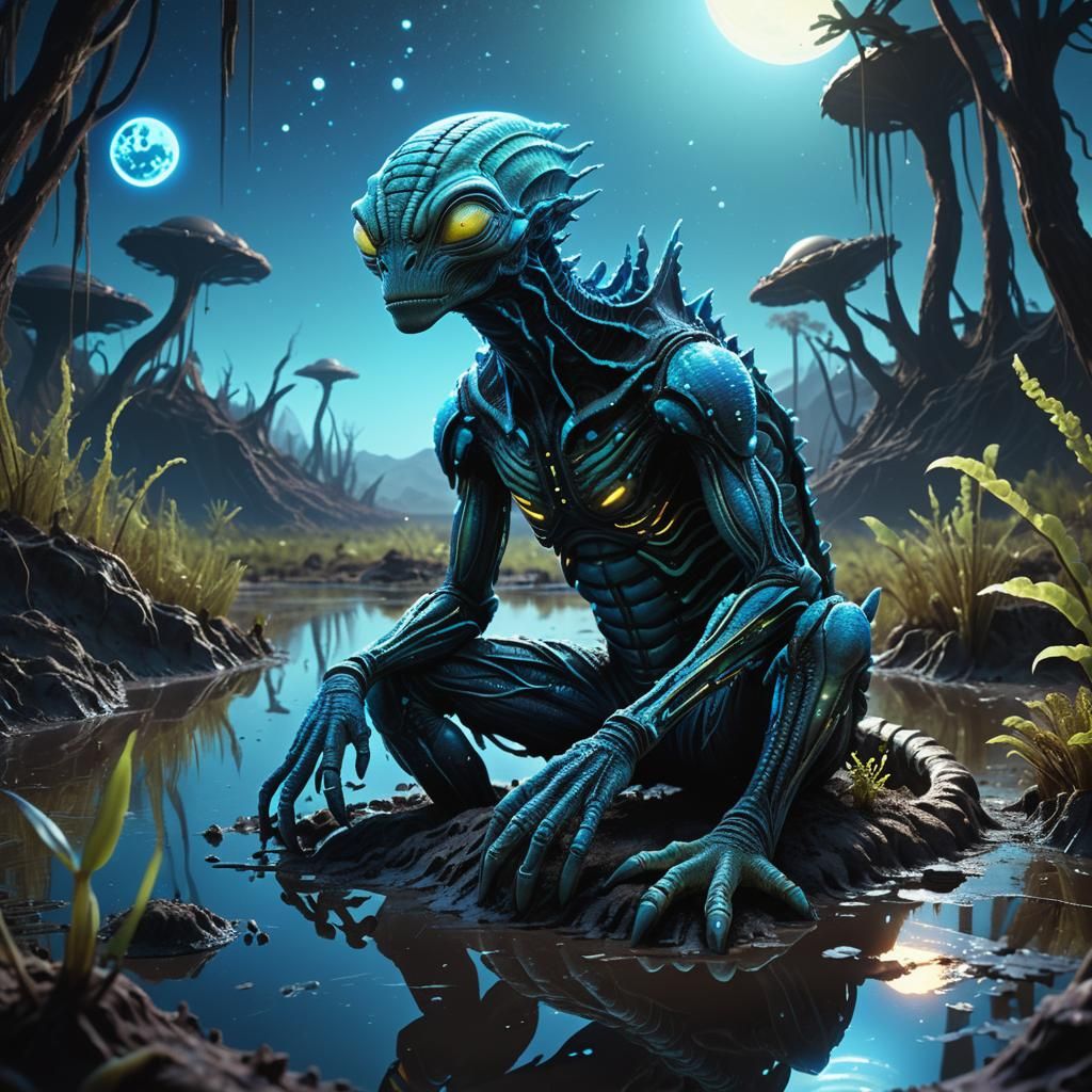 Bioluminescent Alien Creature in Exoplanet Swamp