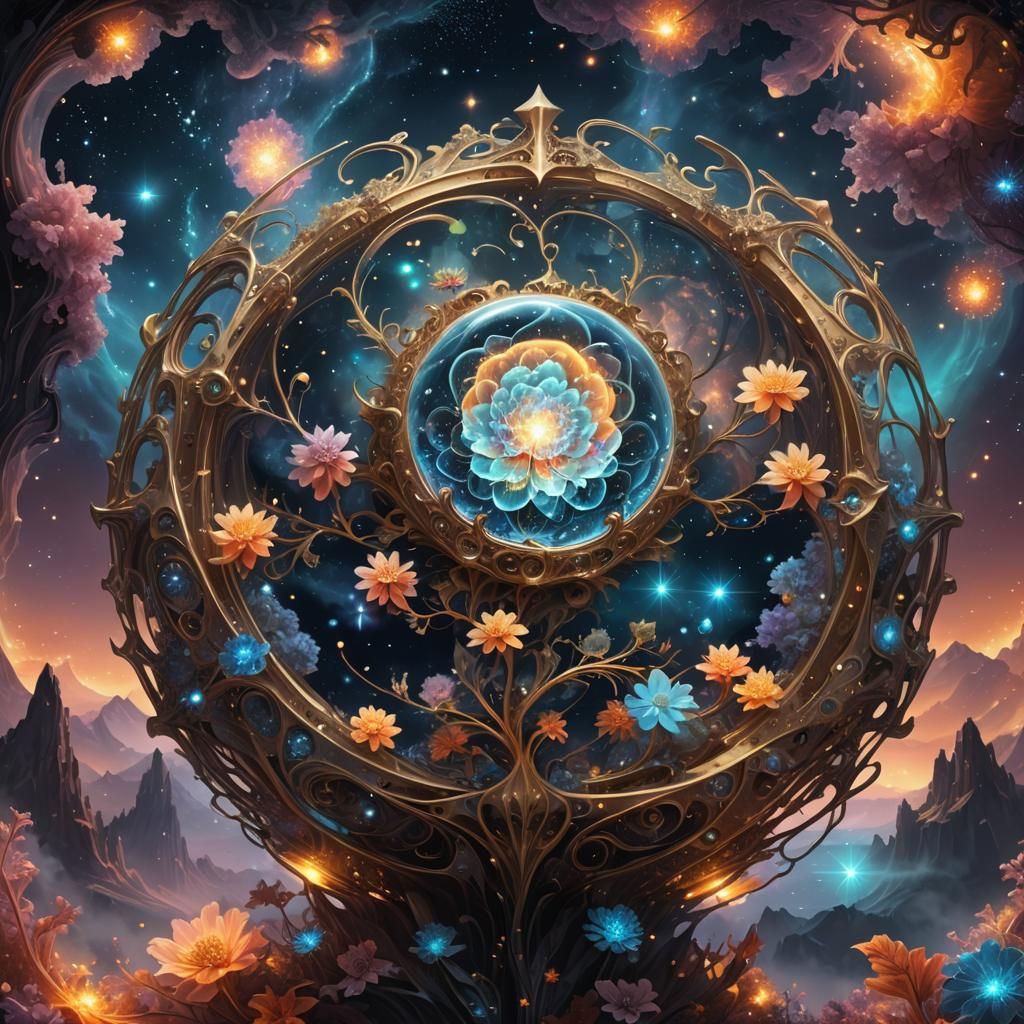 Glowing Crystal in Starry Sky: Digital Fantasy Painting