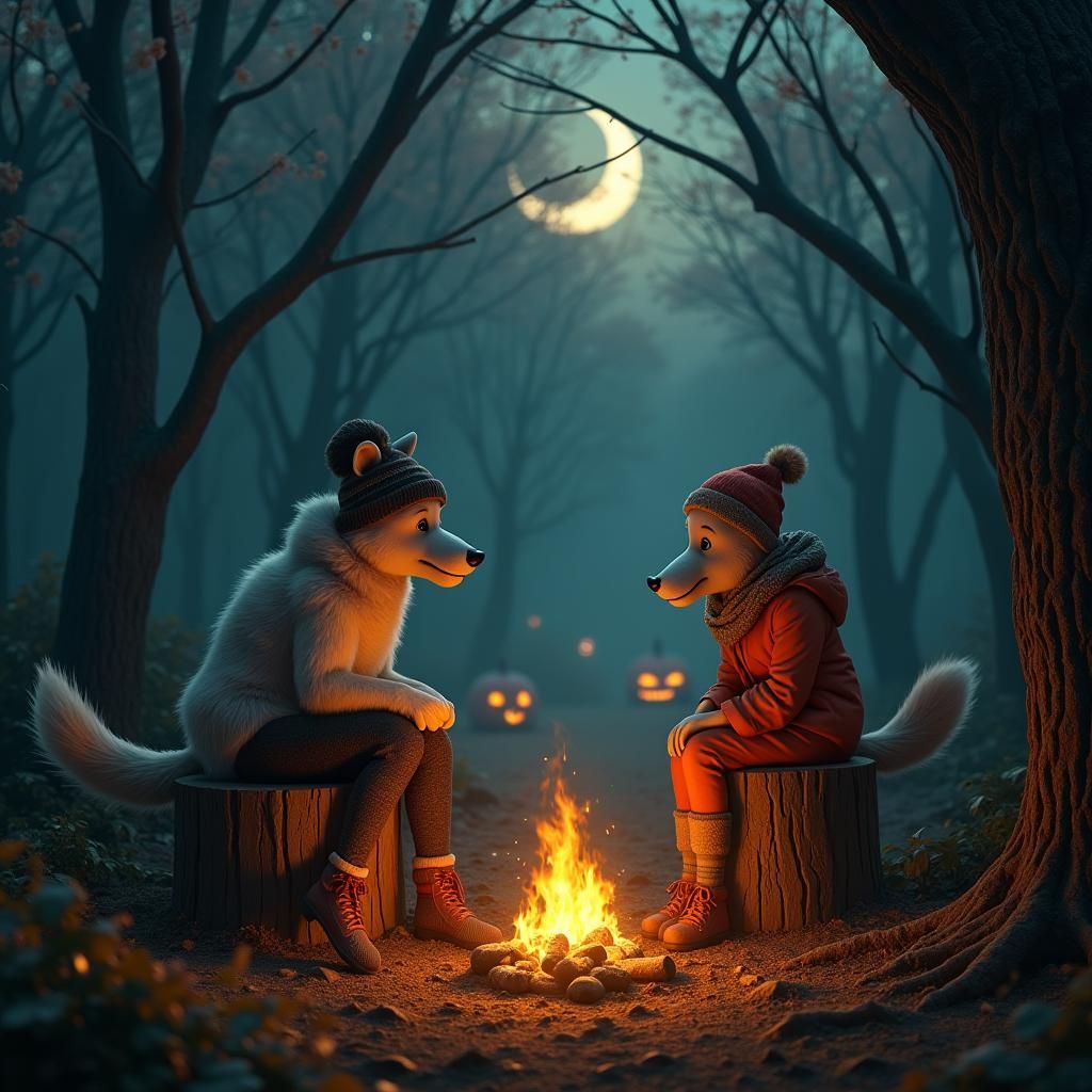 Friends and Dog in Halloween Forest, Digital Art