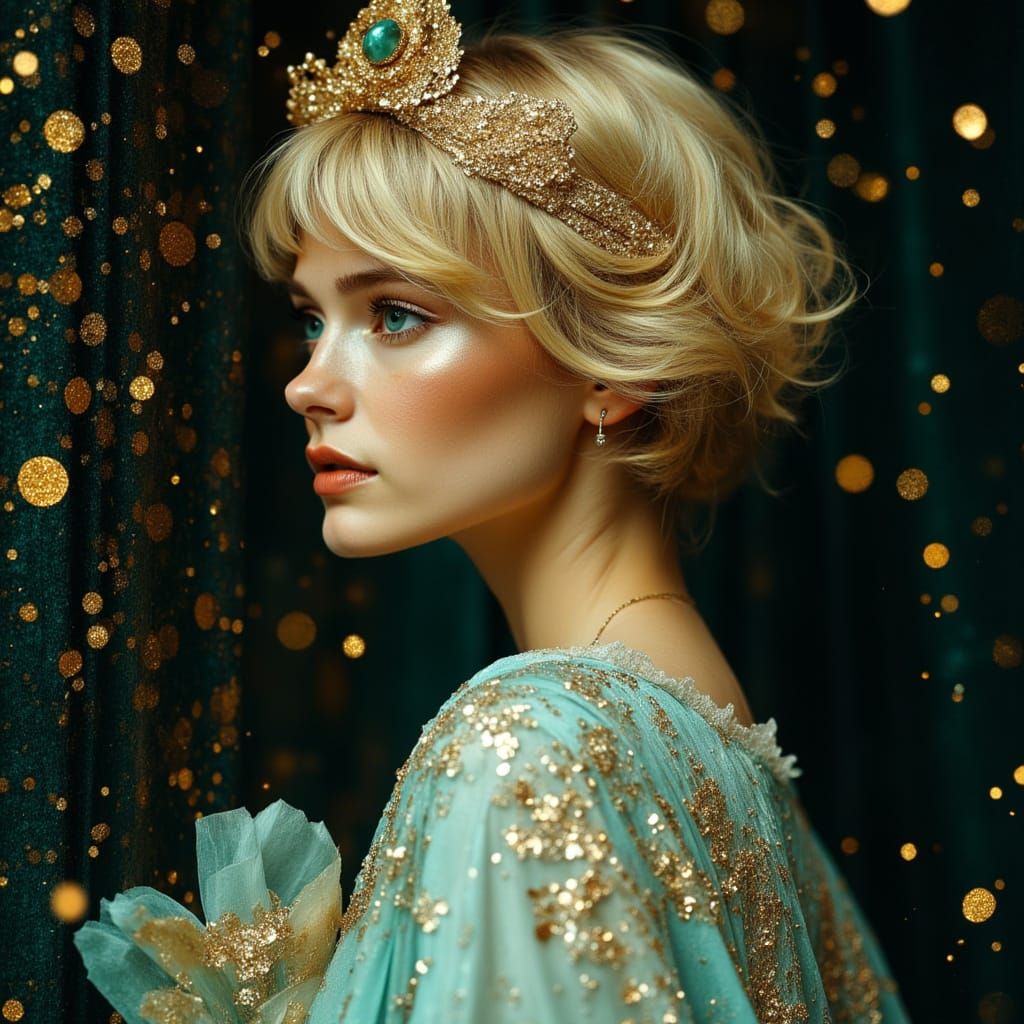 Elegant Blonde Woman in Dreamlike Gold Setting