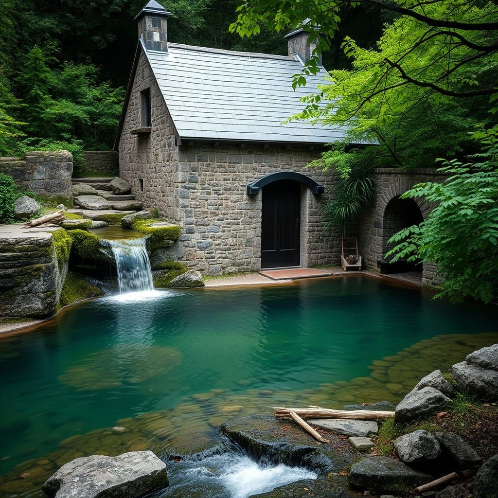 Stone Building by Waterfall in Natural Light