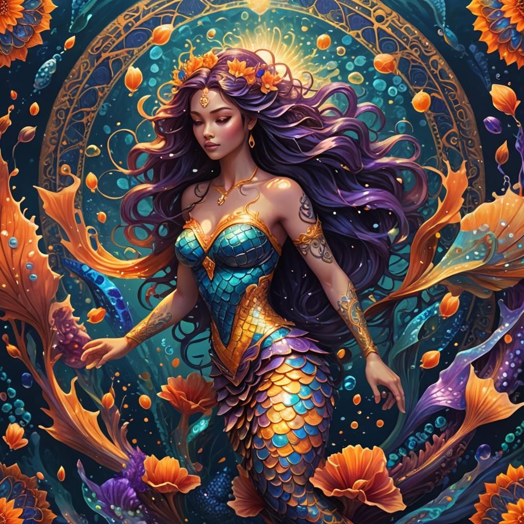 Underwater Mermaid Surrounded by Glowing Mandalas