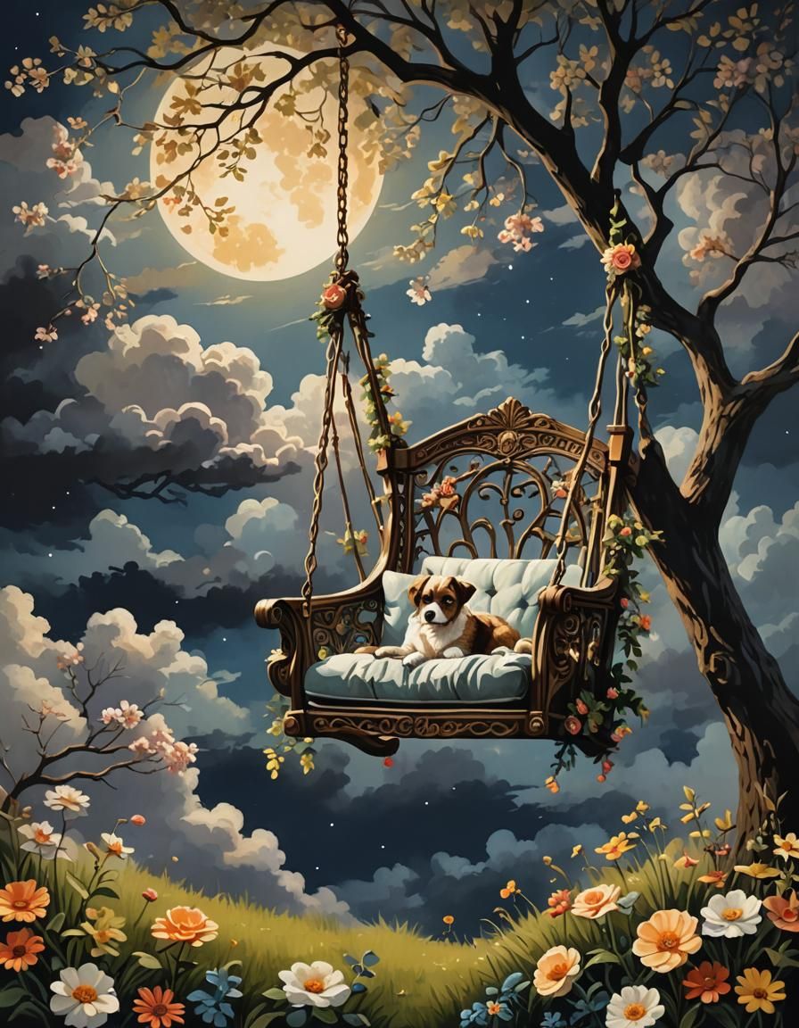 Dog on Elaborate Swing Chair in Moonlight