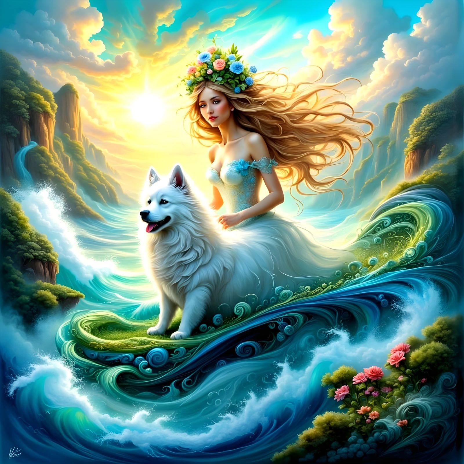Joyful Woman and Puppy Ride a Magical Carpet Over Waves and ...