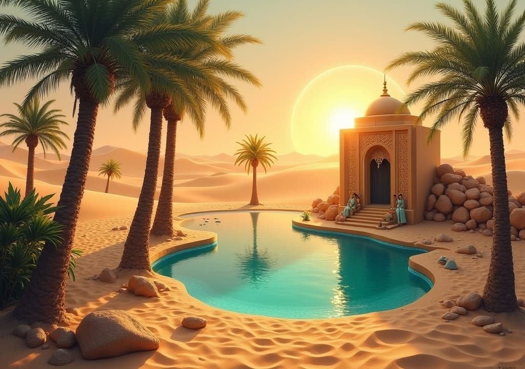 Desert Oasis Shrine: Oil Painting in Gurney Style