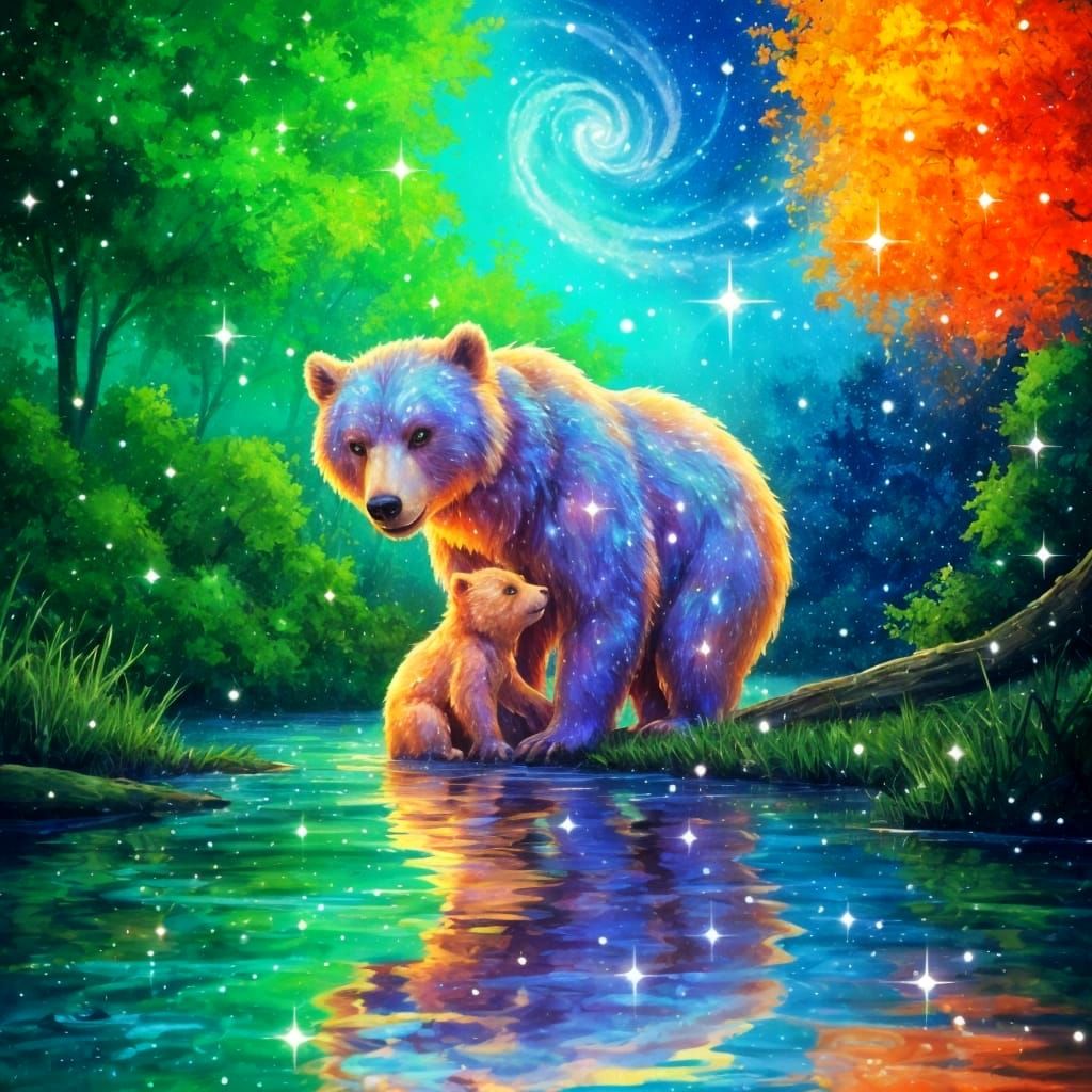 Iridescent Mother Bear in Starry Cosmos