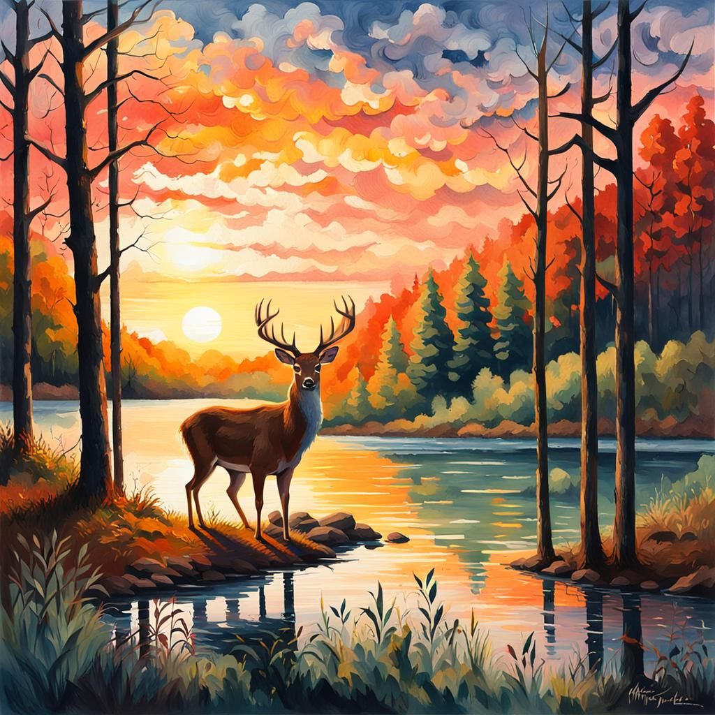 Deer in Forest Lake Sunset: Gouache Watercolor Style