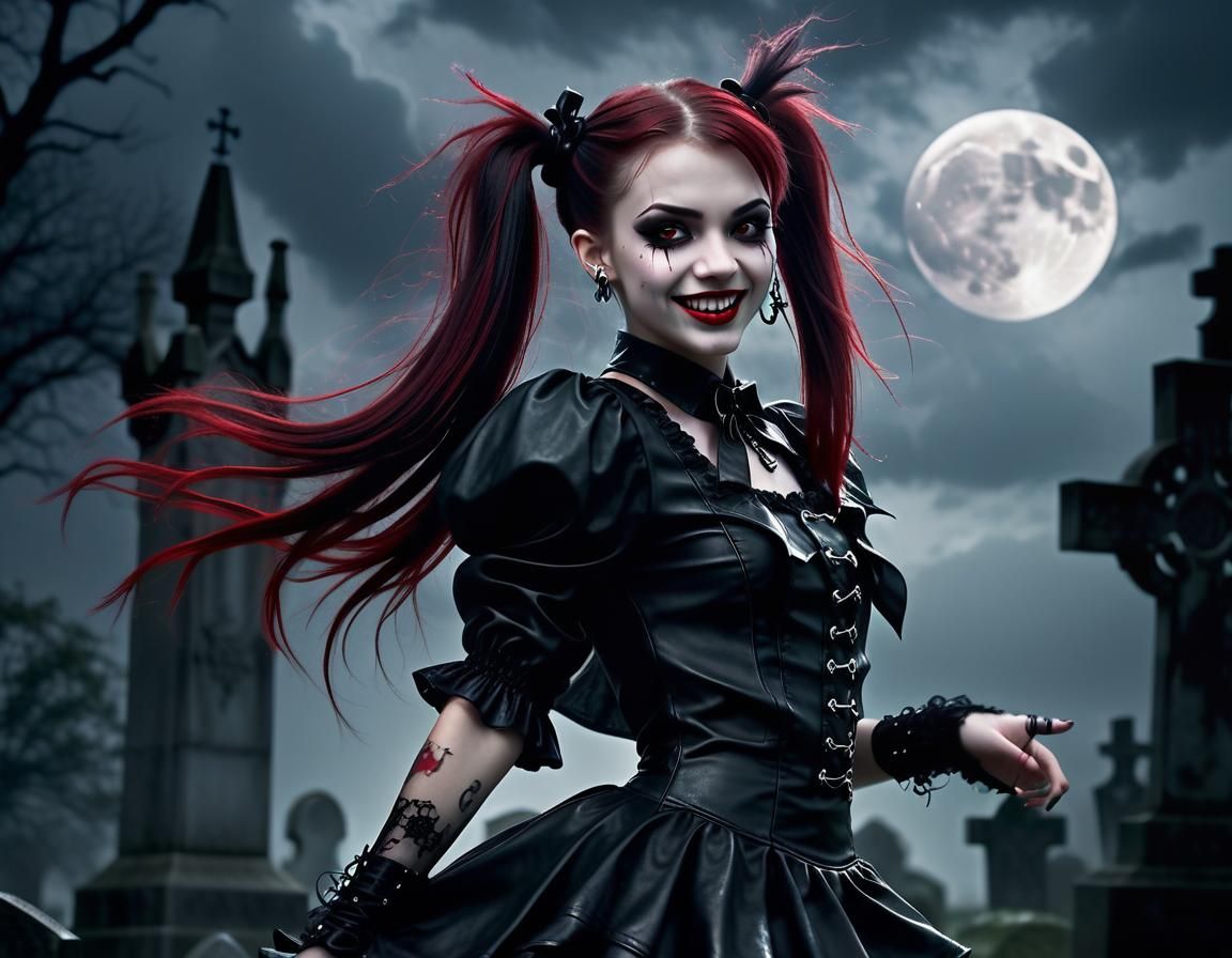Gothic Vampire Dances in Stormy Cemetery