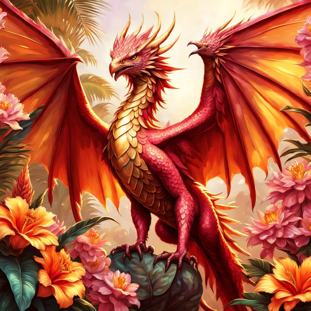 A Dungeons and Dragons Red Cockatrice with golden wings loca...