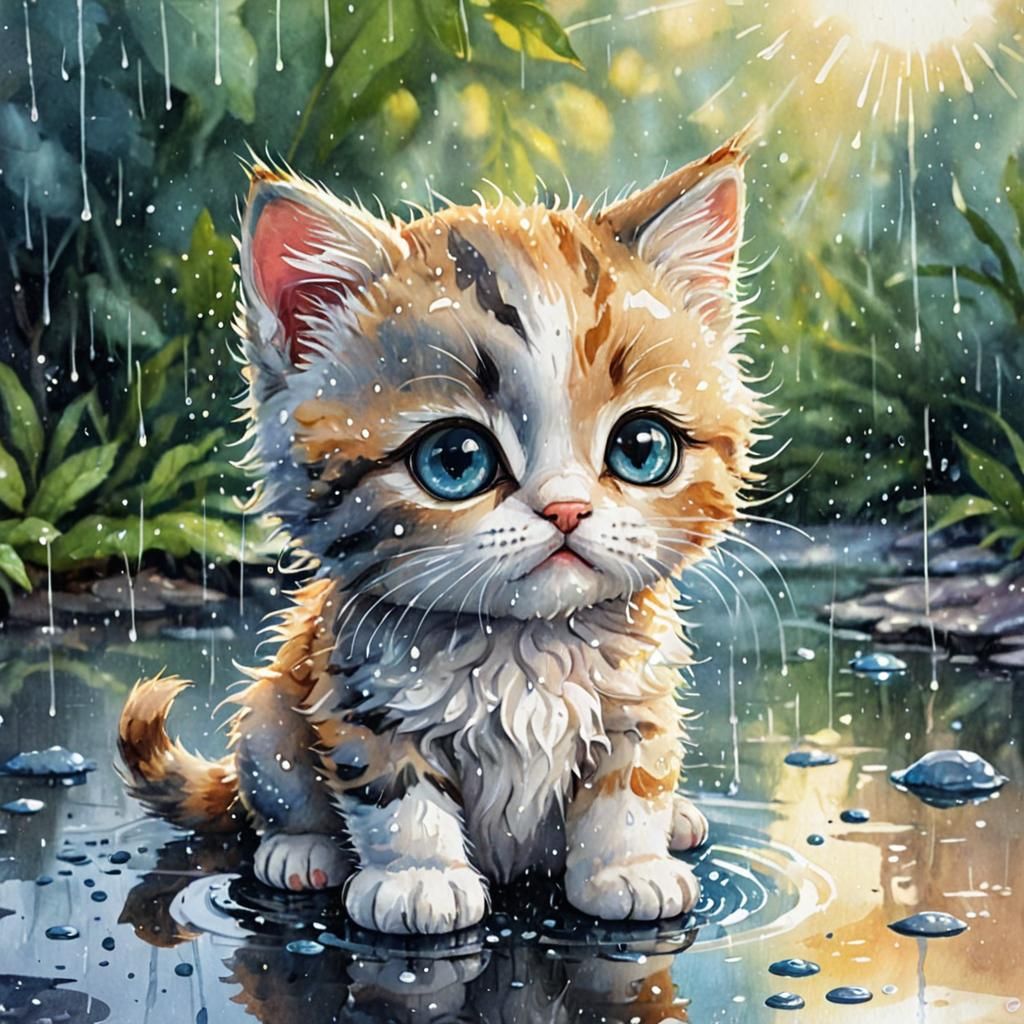 a cute  sad kitten  in the rain